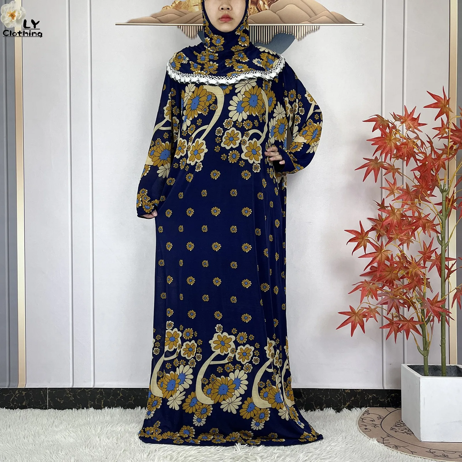 Muslim Ramadan Prayer For Women Long Sleeved Floral 2023Dubai Turkey Middle East Femme Loose Robe African Abayas Headscarf Dress