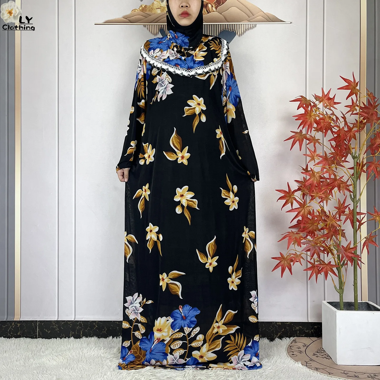 Muslim Ramadan Prayer For Women Long Sleeved Floral 2023Dubai Turkey Middle East Femme Loose Robe African Abayas Headscarf Dress