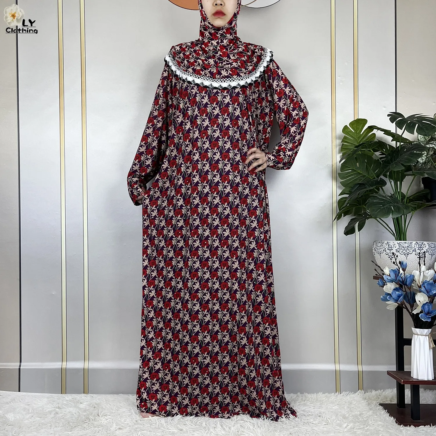 Muslim Ramadan Prayer For Women Long Sleeved Floral 2023Dubai Turkey Middle East Femme Loose Robe African Abayas Headscarf Dress
