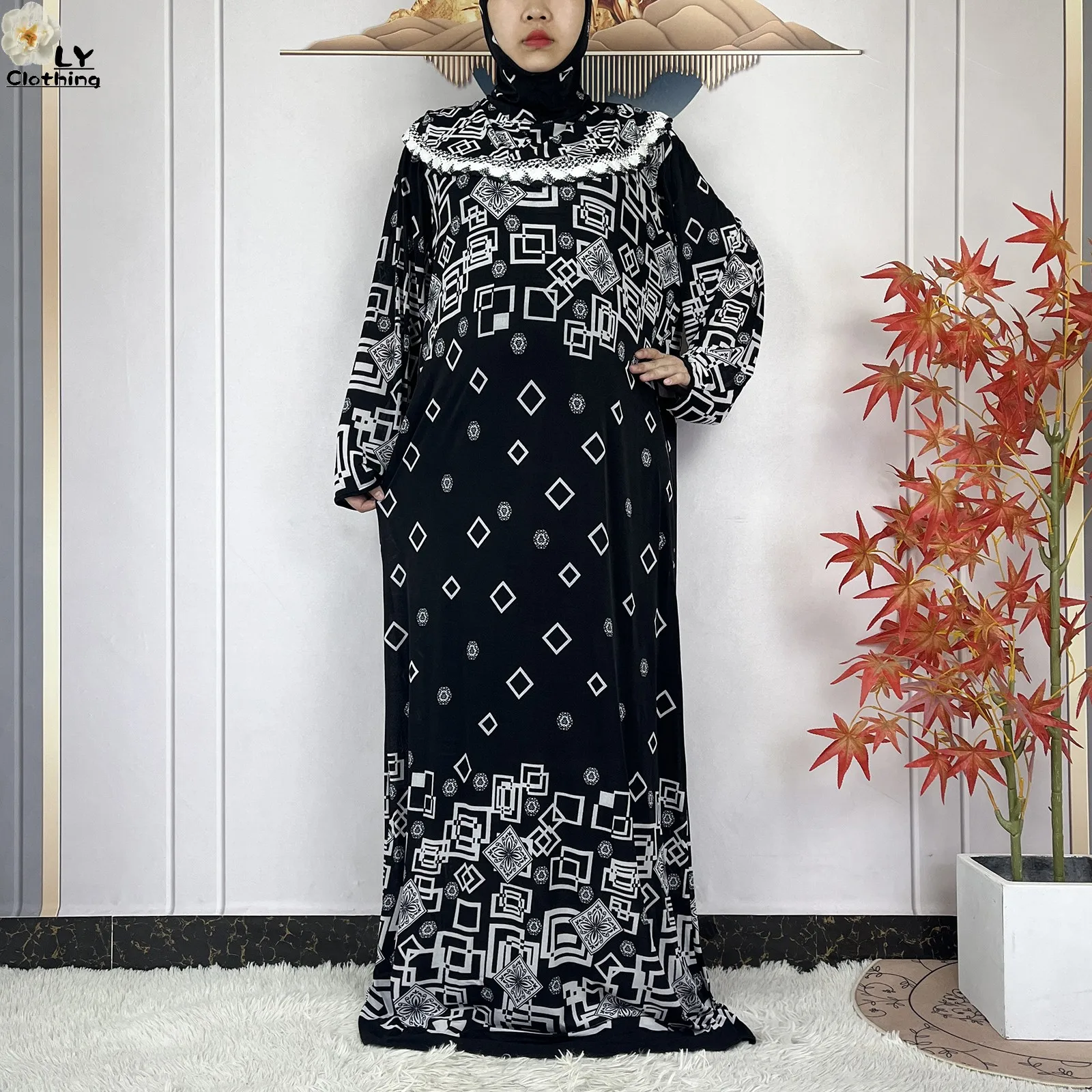Muslim Ramadan Prayer For Women Long Sleeved Floral 2023Dubai Turkey Middle East Femme Loose Robe African Abayas Headscarf Dress
