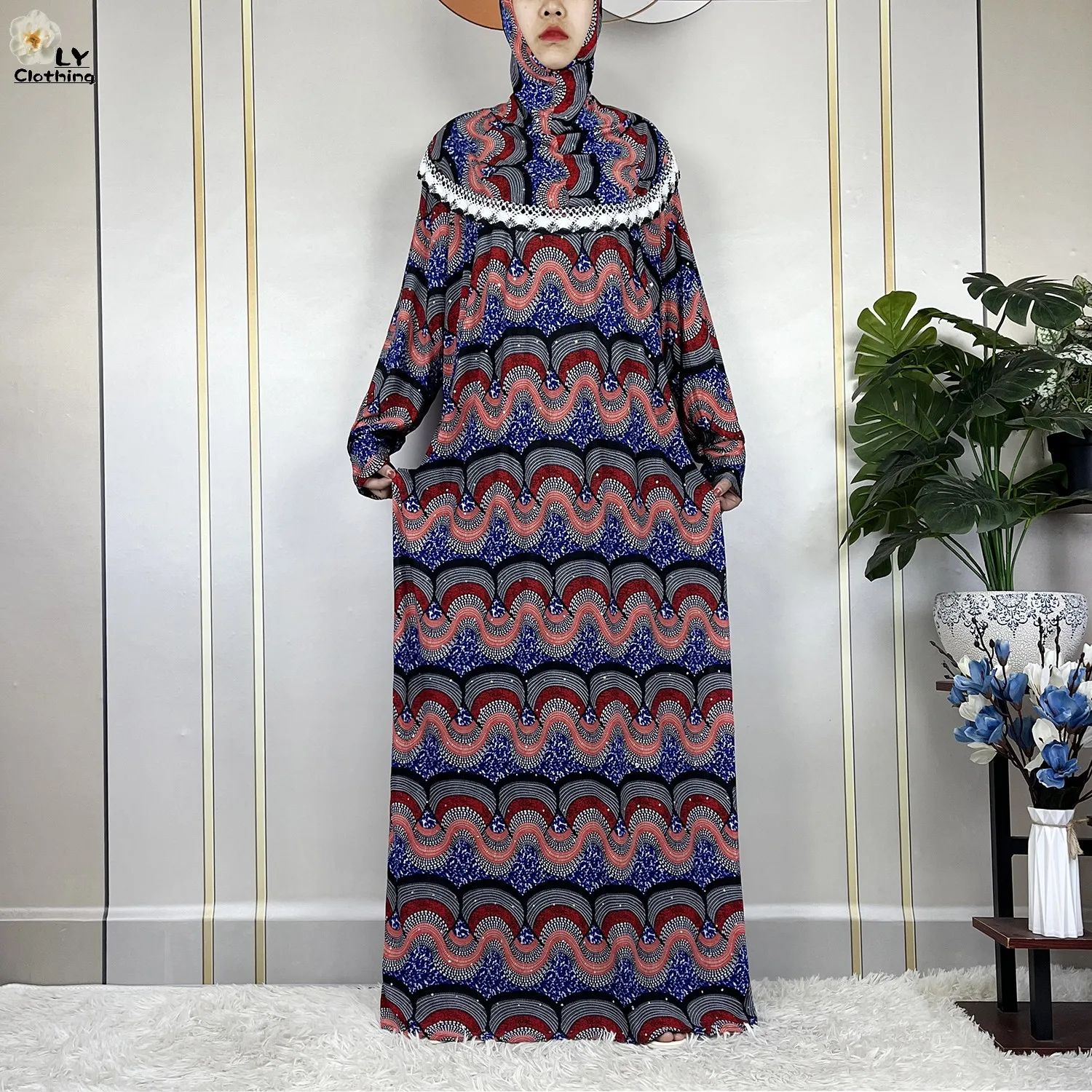 Muslim Ramadan Prayer For Women Long Sleeved Floral 2023Dubai Turkey Middle East Femme Loose Robe African Abayas Headscarf Dress