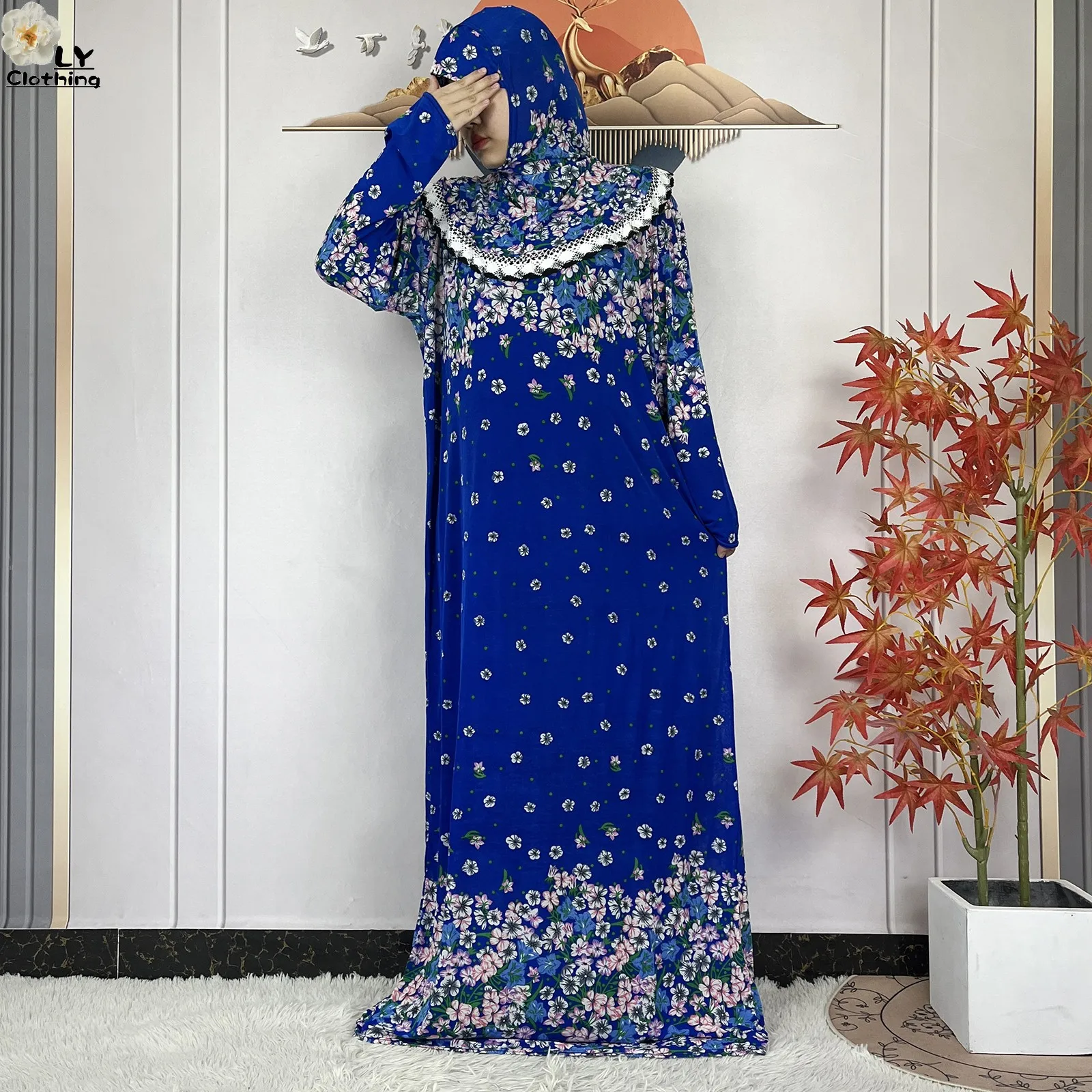 Muslim Ramadan Prayer For Women Long Sleeved Floral 2023Dubai Turkey Middle East Femme Loose Robe African Abayas Headscarf Dress