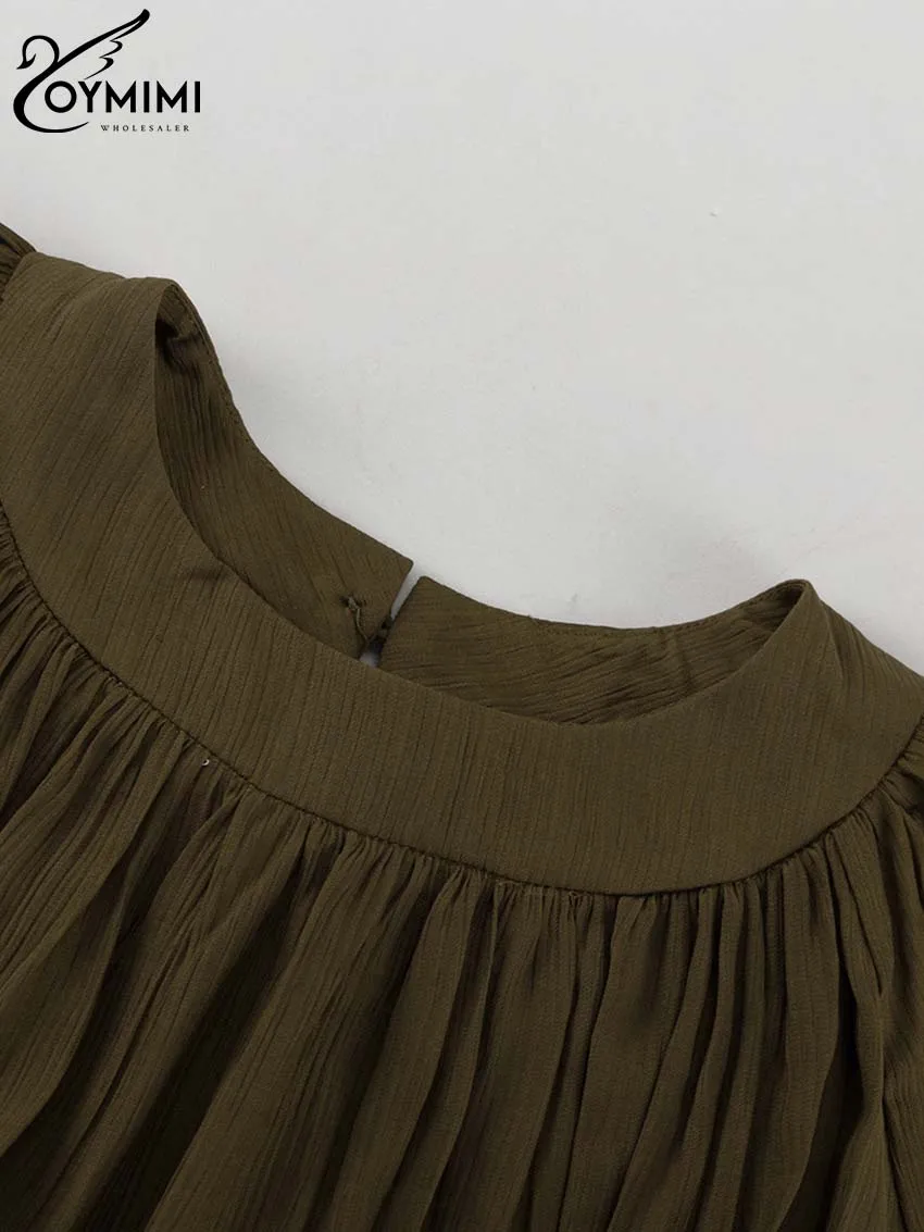 Oymimi Casual Green O-Neck Women's Dresses Elegant Long Sleeve Pleated Lace-Up Dresses Spring High Waist Mid-Calf Dress Female