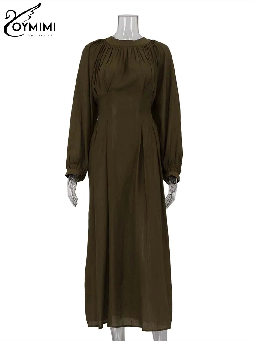 Oymimi Casual Green O-Neck Women's Dresses Elegant Long Sleeve Pleated Lace-Up Dresses Spring High Waist Mid-Calf Dress Female