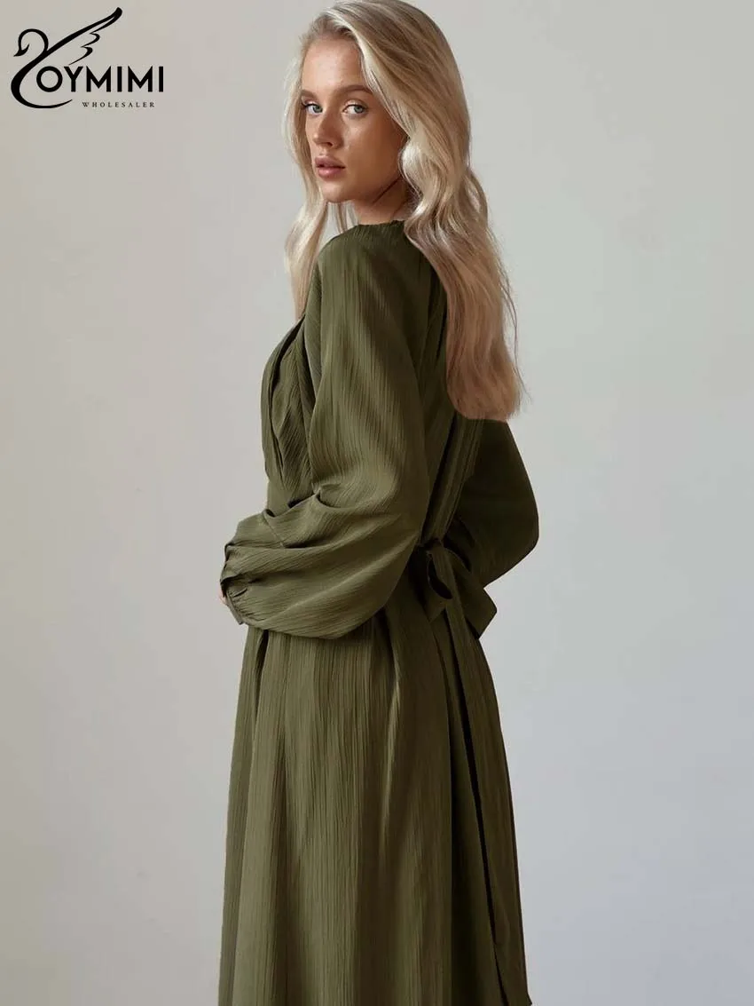 Oymimi Casual Green O-Neck Women's Dresses Elegant Long Sleeve Pleated Lace-Up Dresses Spring High Waist Mid-Calf Dress Female