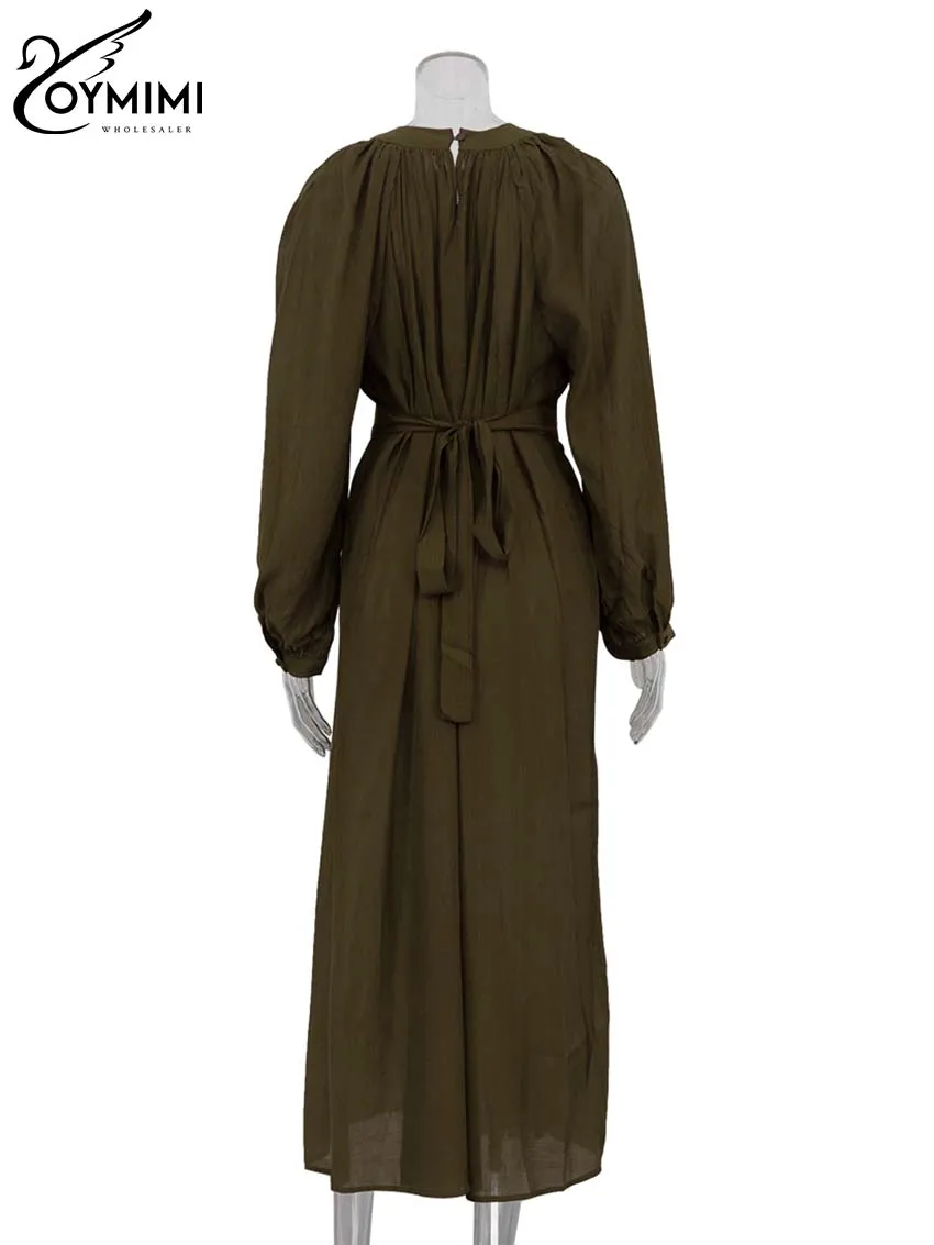 Oymimi Casual Green O-Neck Women's Dresses Elegant Long Sleeve Pleated Lace-Up Dresses Spring High Waist Mid-Calf Dress Female