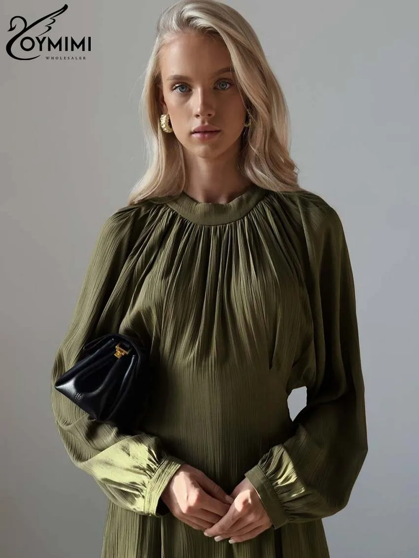 Oymimi Casual Green O-Neck Women's Dresses Elegant Long Sleeve Pleated Lace-Up Dresses Spring High Waist Mid-Calf Dress Female