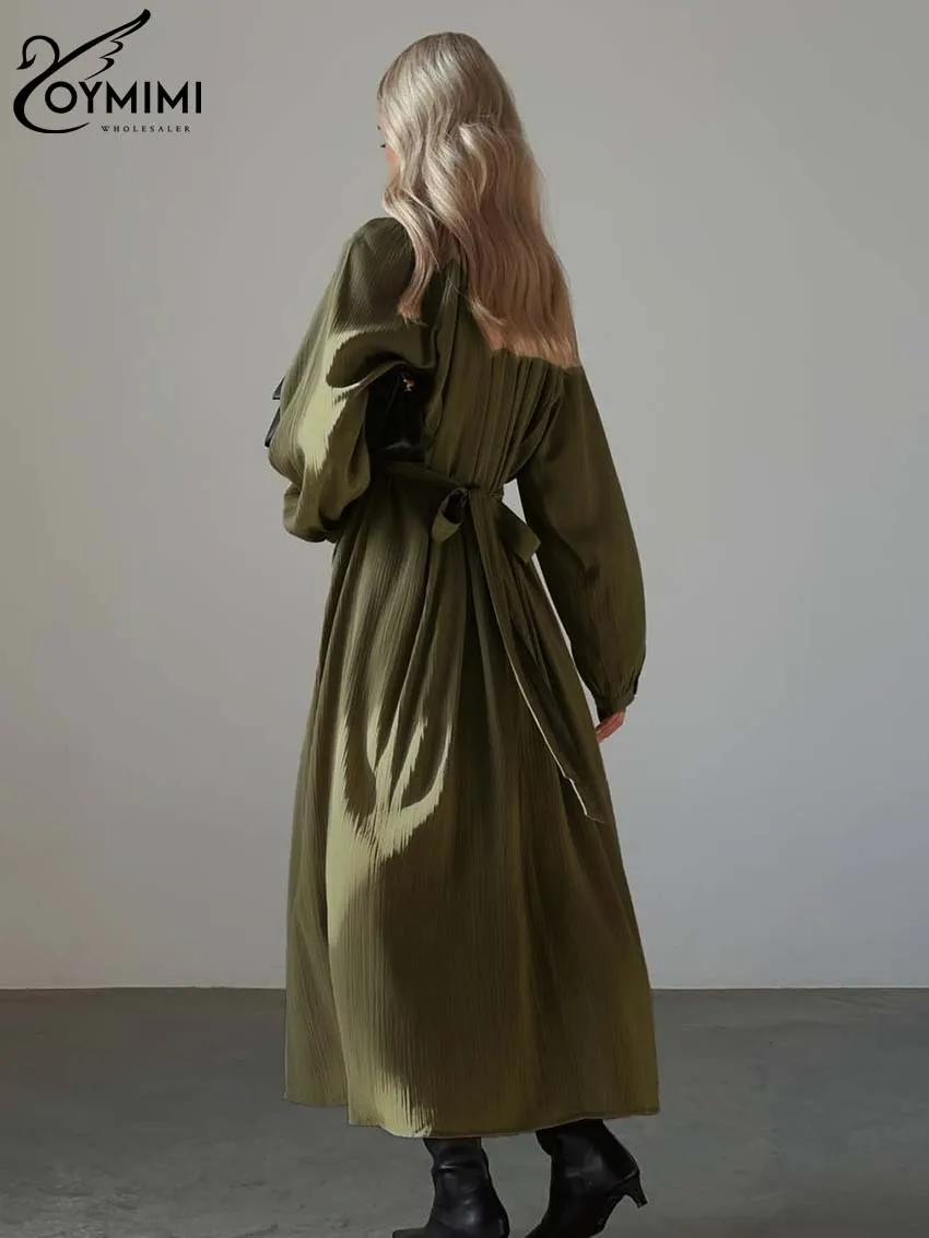 Oymimi Casual Green O-Neck Women's Dresses Elegant Long Sleeve Pleated Lace-Up Dresses Spring High Waist Mid-Calf Dress Female