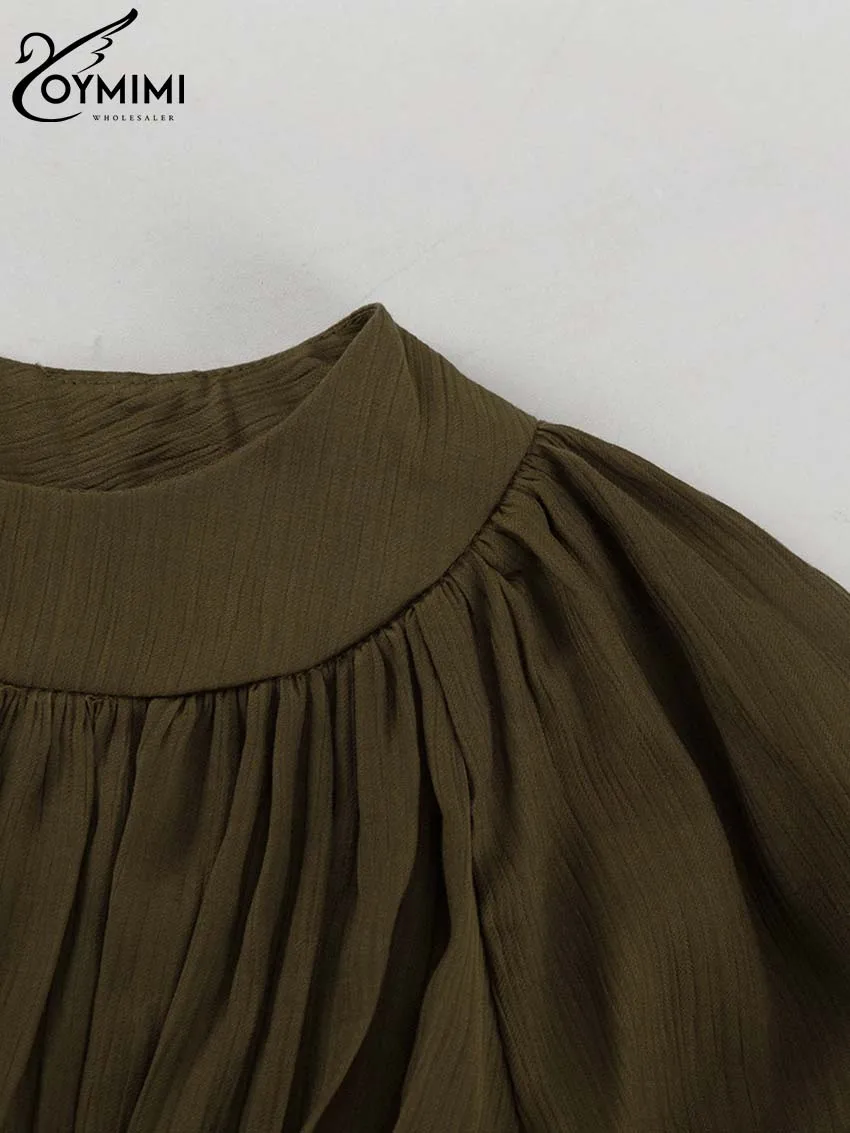 Oymimi Casual Green O-Neck Women's Dresses Elegant Long Sleeve Pleated Lace-Up Dresses Spring High Waist Mid-Calf Dress Female