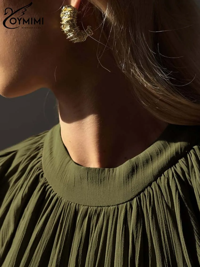 Oymimi Casual Green O-Neck Women's Dresses Elegant Long Sleeve Pleated Lace-Up Dresses Spring High Waist Mid-Calf Dress Female