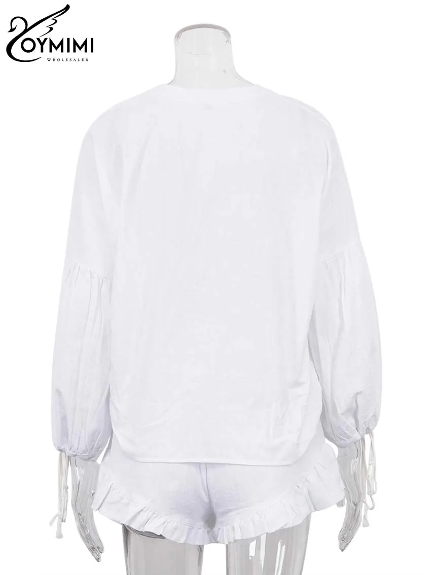 Oymimi Elegant White Cotton 2 Piece Sets Women Outfit Fashion Wrist Sleeve Lace-Up Blouse And High Waist Pleated Shorts Sets