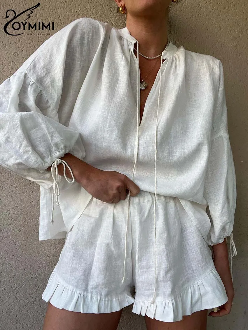 Oymimi Elegant White Cotton 2 Piece Sets Women Outfit Fashion Wrist Sleeve Lace-Up Blouse And High Waist Pleated Shorts Sets