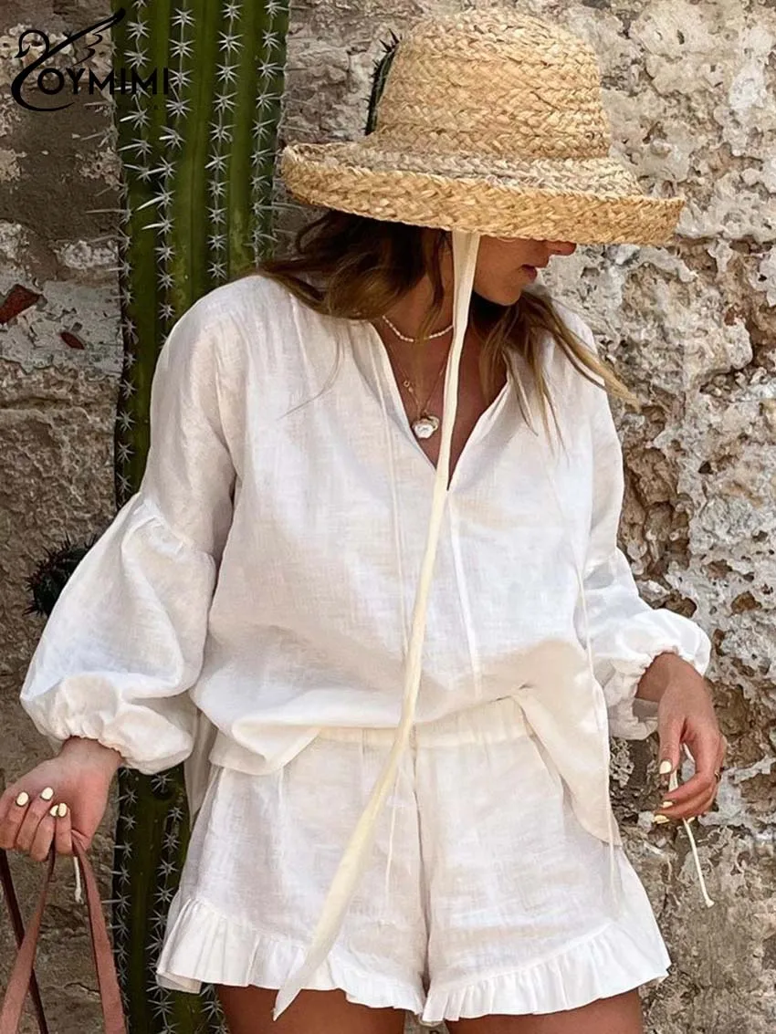 Oymimi Elegant White Cotton 2 Piece Sets Women Outfit Fashion Wrist Sleeve Lace-Up Blouse And High Waist Pleated Shorts Sets