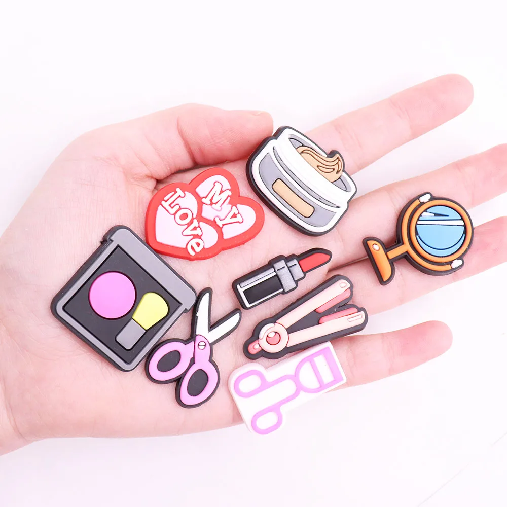 Hot Sale 1pcs Shoe Charms Cosmetic Lipstick Mirror Hairdryer PVC Garden Shoes Buckle Decorations Fit Kids Girls X-max Gift