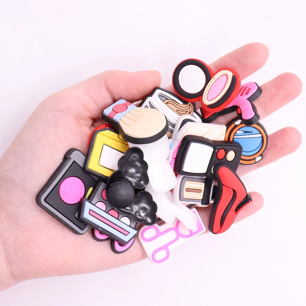 Hot Sale 1pcs Shoe Charms Cosmetic Lipstick Mirror Hairdryer PVC Garden Shoes Buckle Decorations Fit Kids Girls X-max Gift