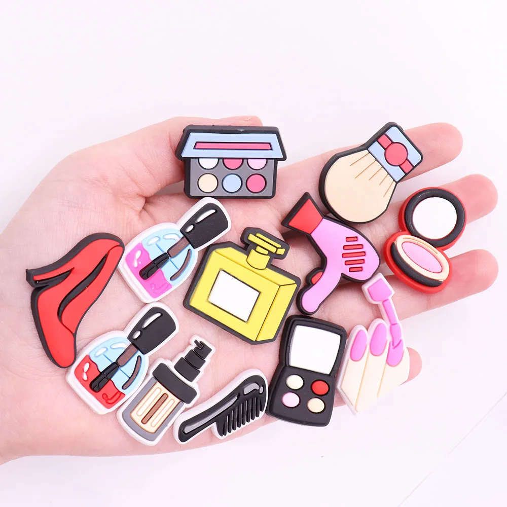 Hot Sale 1pcs Shoe Charms Cosmetic Lipstick Mirror Hairdryer PVC Garden Shoes Buckle Decorations Fit Kids Girls X-max Gift