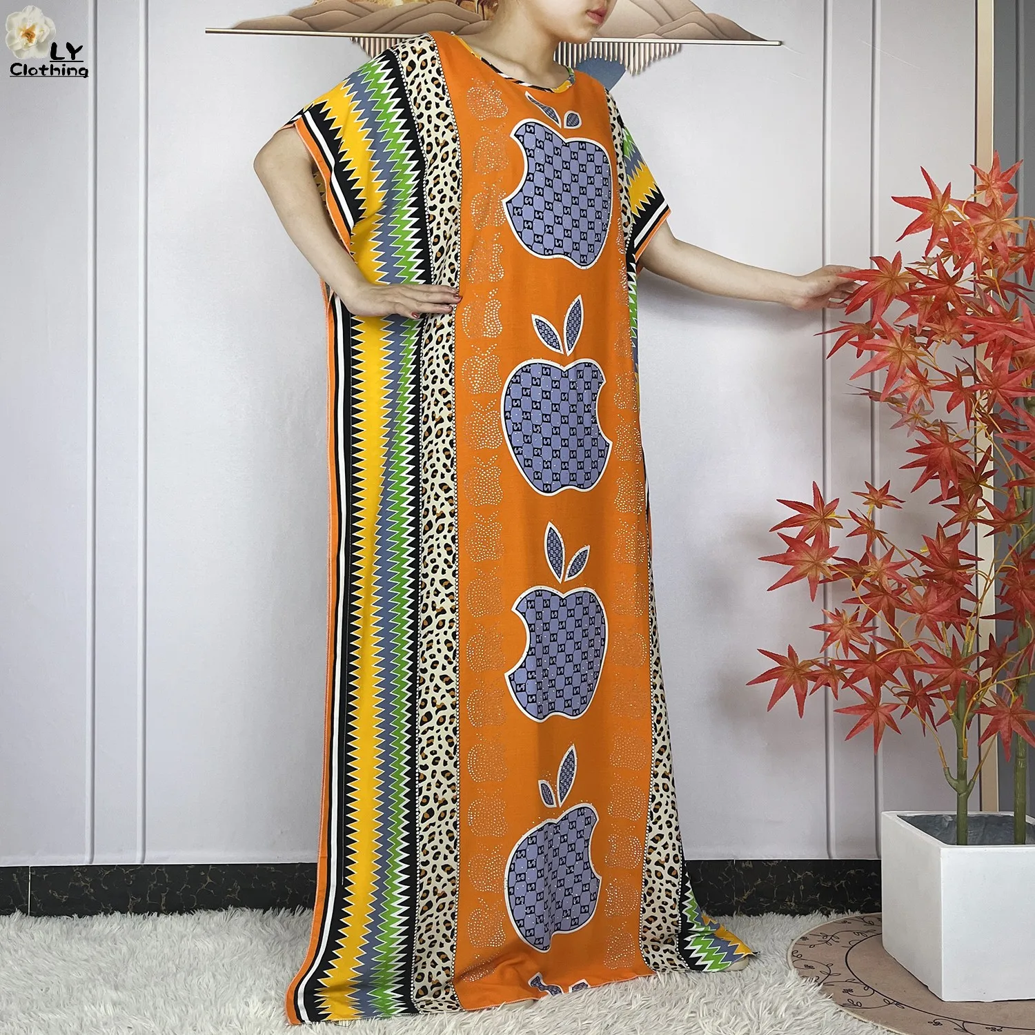 New Muslim Abayas Summer Party Dress Short Sleeve With Big Scarf Printing Floral Loose Cotton Maxi Islam Women African Clothing