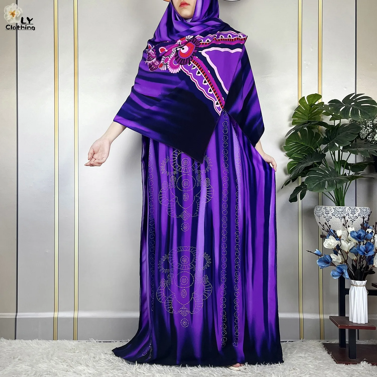 New Muslim Abayas Summer Party Dress Short Sleeve With Big Scarf Printing Floral Loose Cotton Maxi Islam Women African Clothing