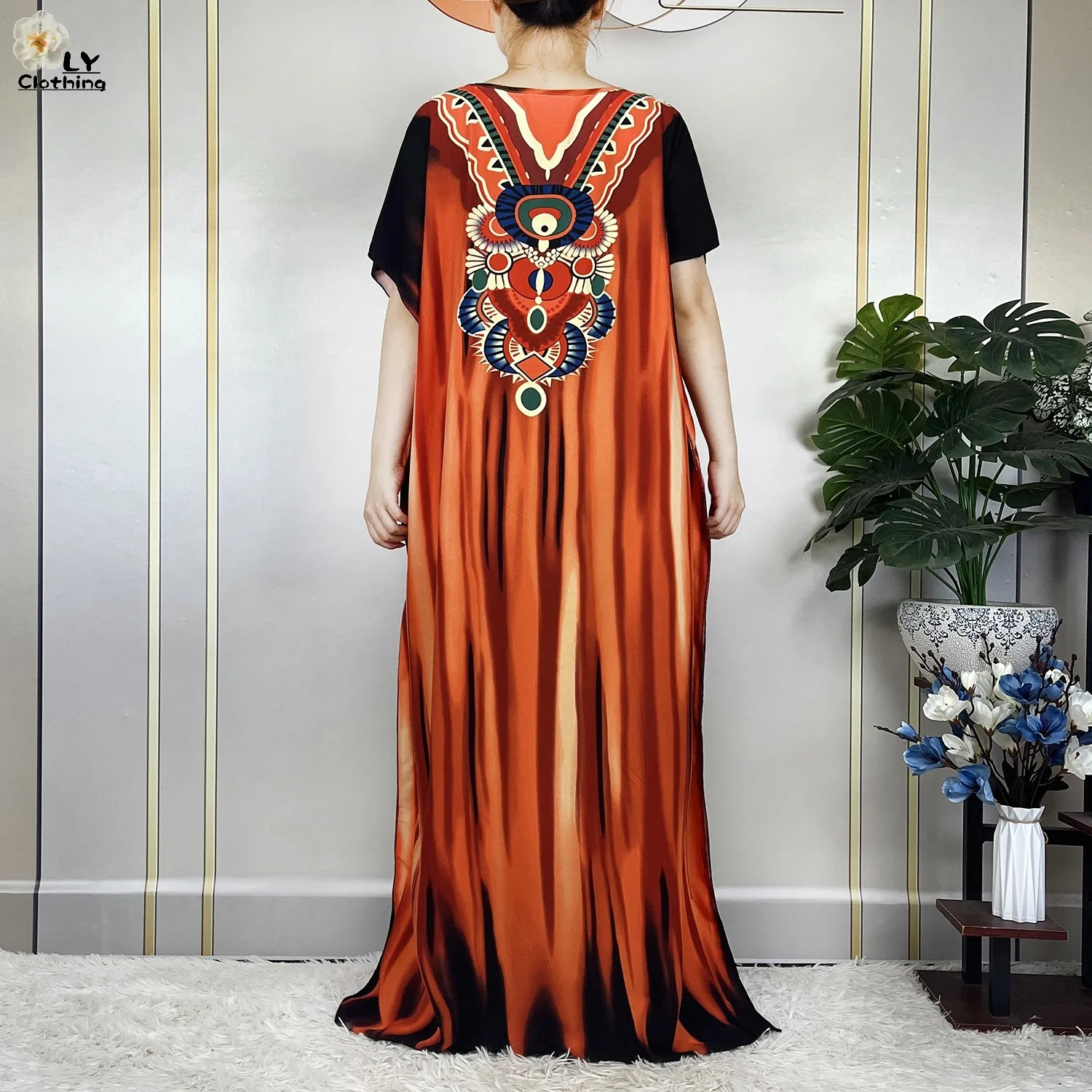 New Muslim Abayas Summer Party Dress Short Sleeve With Big Scarf Printing Floral Loose Cotton Maxi Islam Women African Clothing