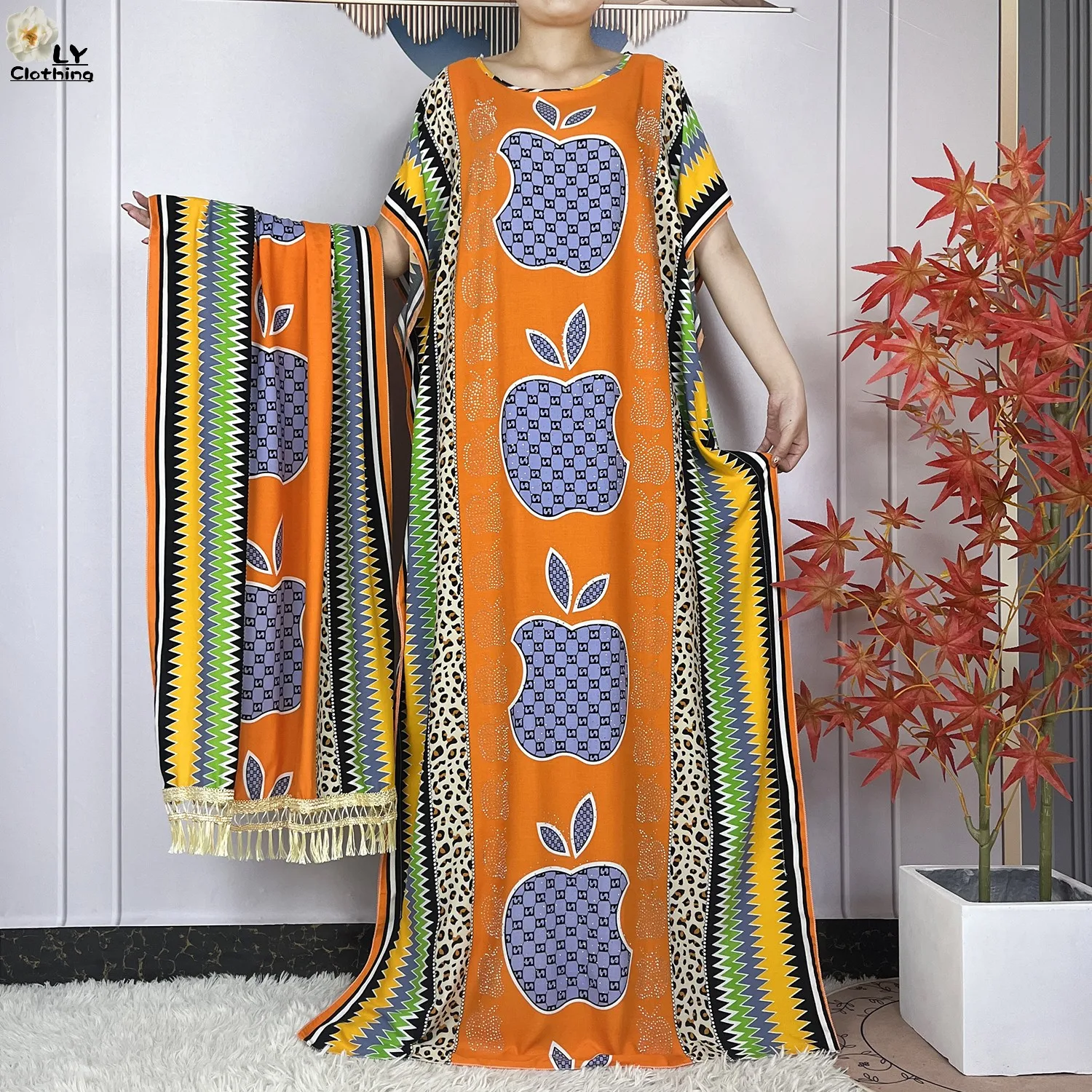 New Muslim Abayas Summer Party Dress Short Sleeve With Big Scarf Printing Floral Loose Cotton Maxi Islam Women African Clothing