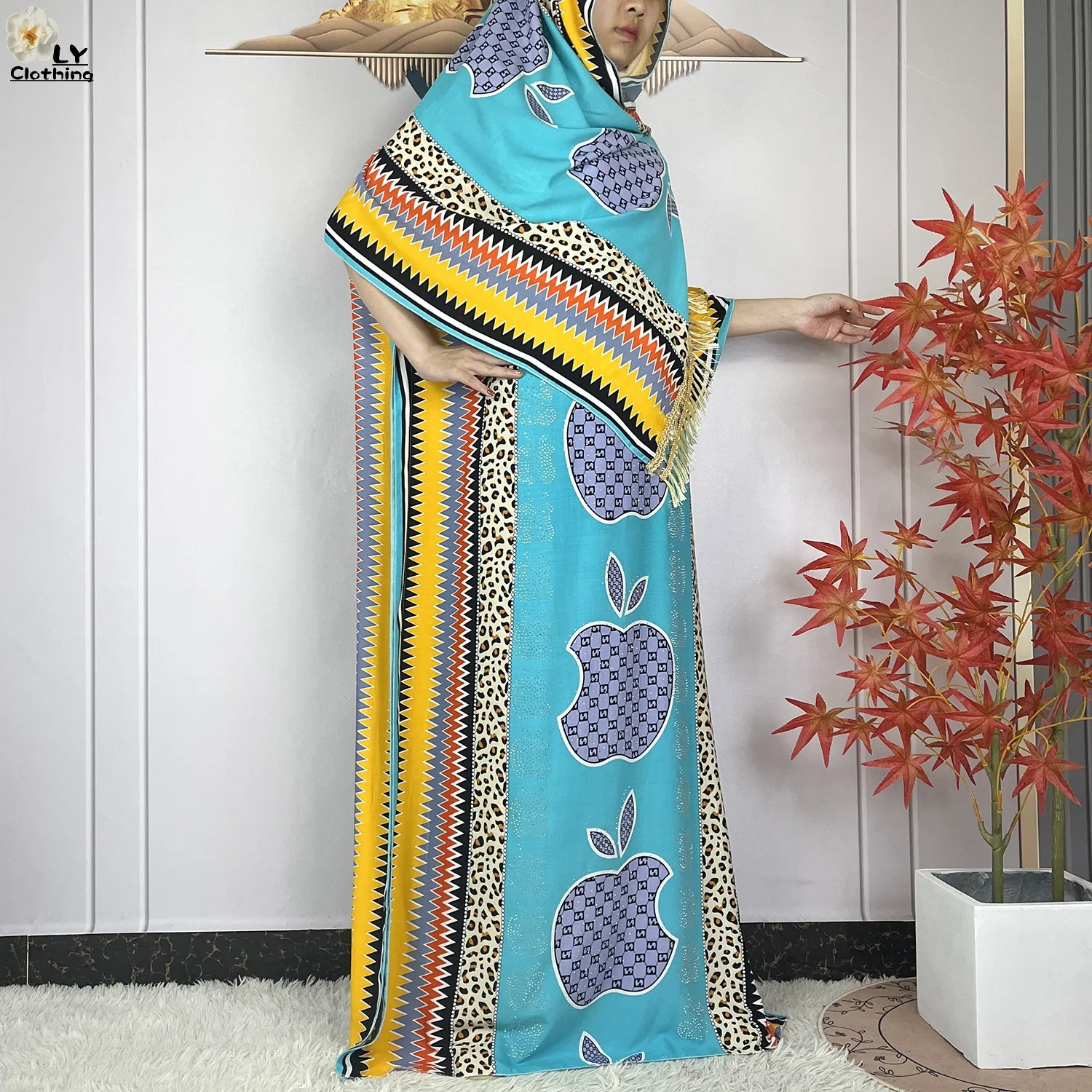 New Muslim Abayas Summer Party Dress Short Sleeve With Big Scarf Printing Floral Loose Cotton Maxi Islam Women African Clothing