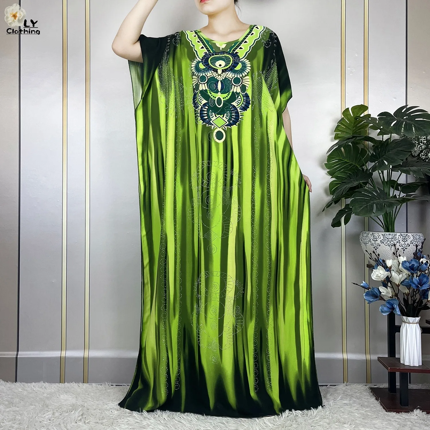 New Muslim Abayas Summer Party Dress Short Sleeve With Big Scarf Printing Floral Loose Cotton Maxi Islam Women African Clothing