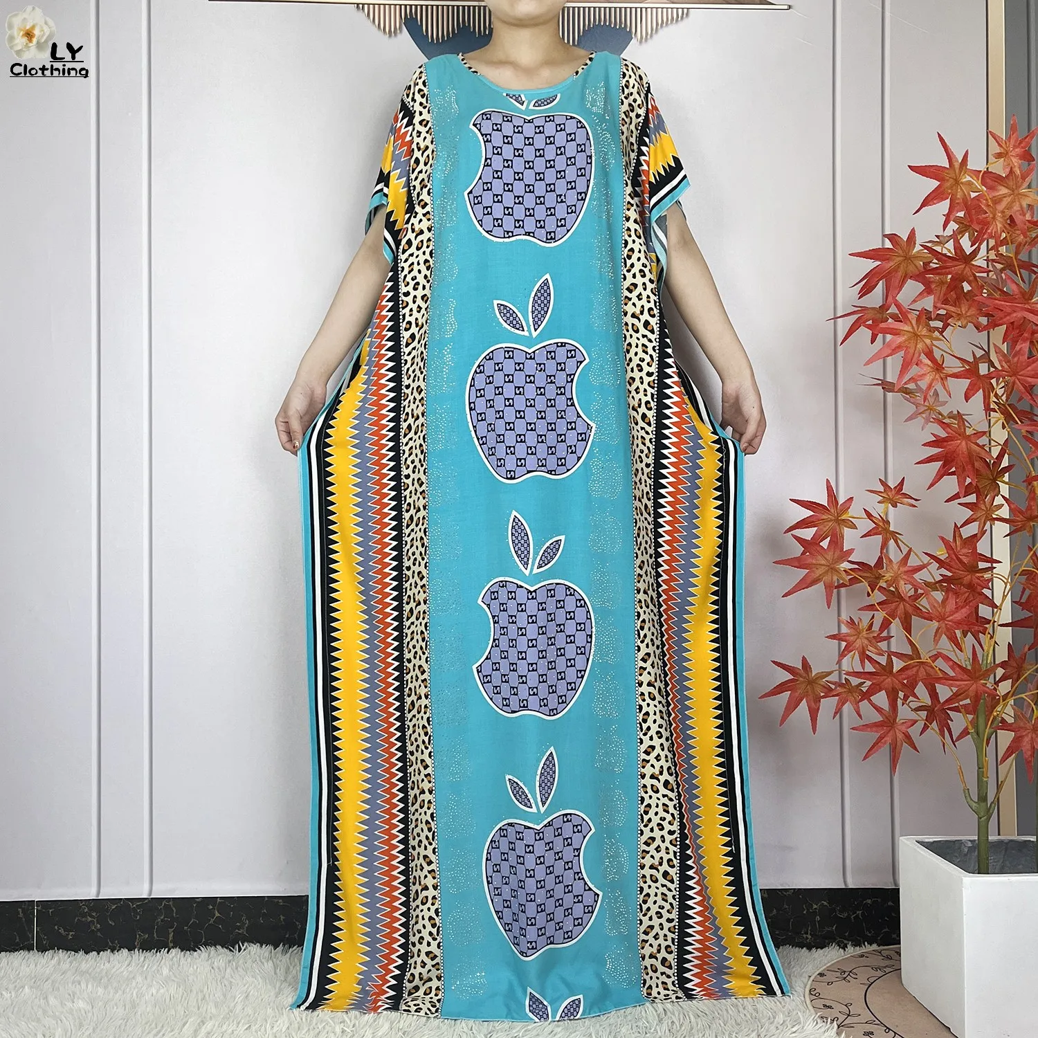 New Muslim Abayas Summer Party Dress Short Sleeve With Big Scarf Printing Floral Loose Cotton Maxi Islam Women African Clothing