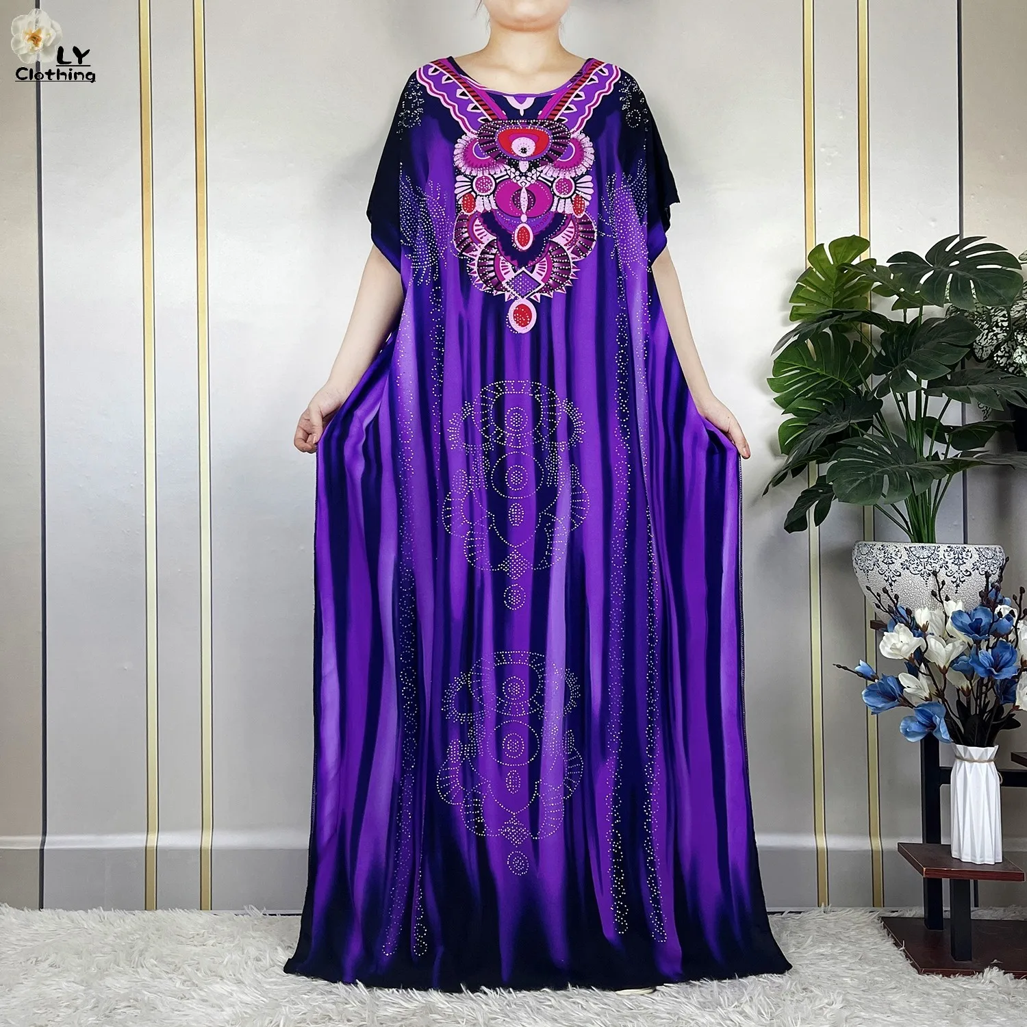 New Muslim Abayas Summer Party Dress Short Sleeve With Big Scarf Printing Floral Loose Cotton Maxi Islam Women African Clothing