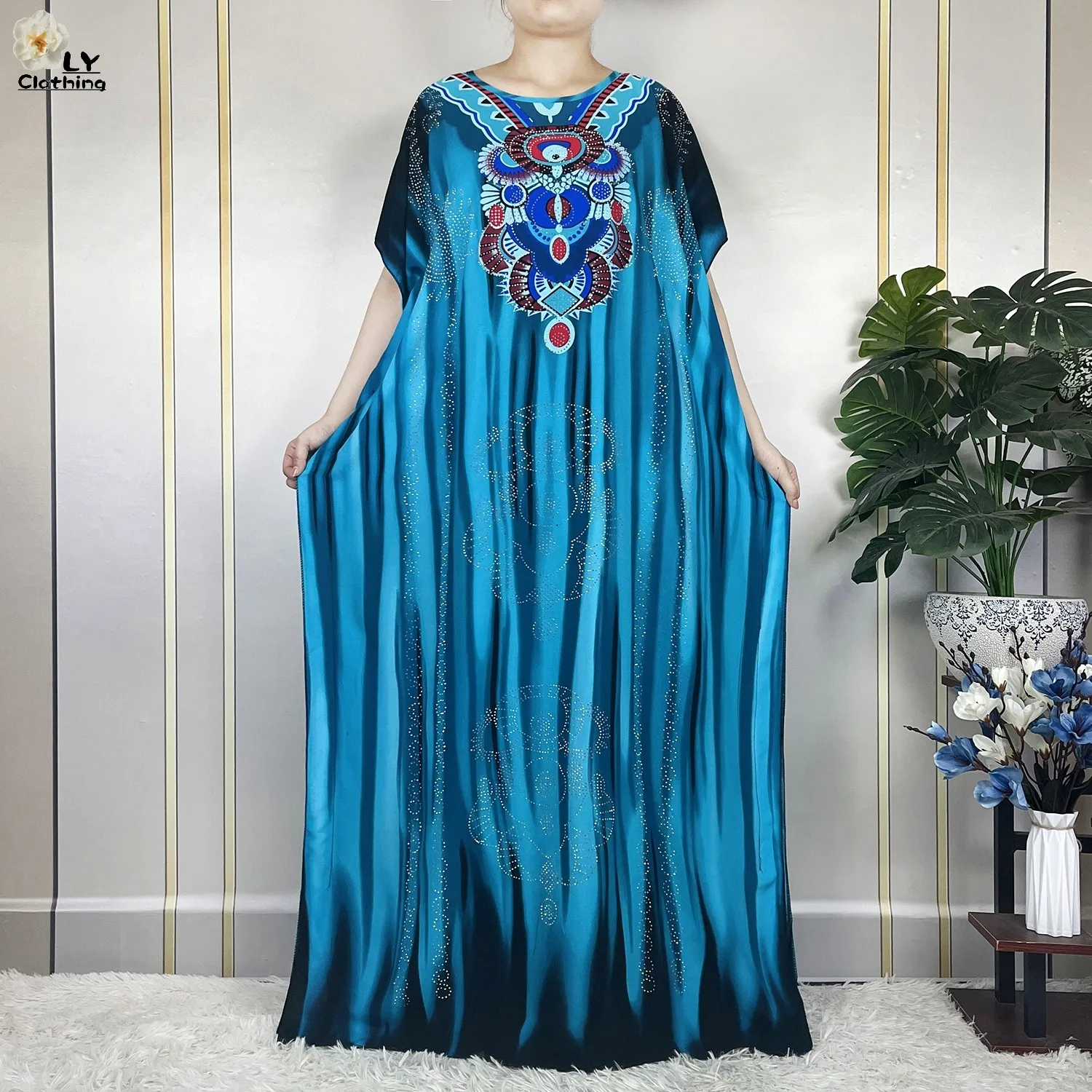 New Muslim Abayas Summer Party Dress Short Sleeve With Big Scarf Printing Floral Loose Cotton Maxi Islam Women African Clothing