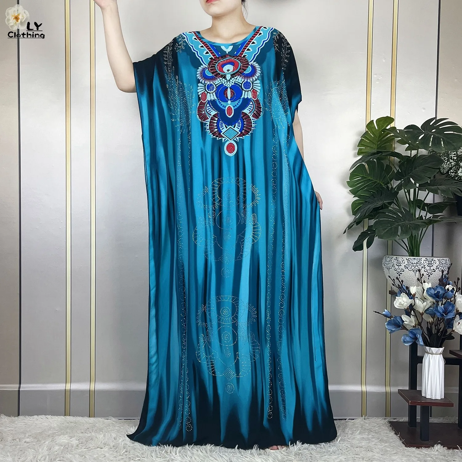 New Muslim Abayas Summer Party Dress Short Sleeve With Big Scarf Printing Floral Loose Cotton Maxi Islam Women African Clothing