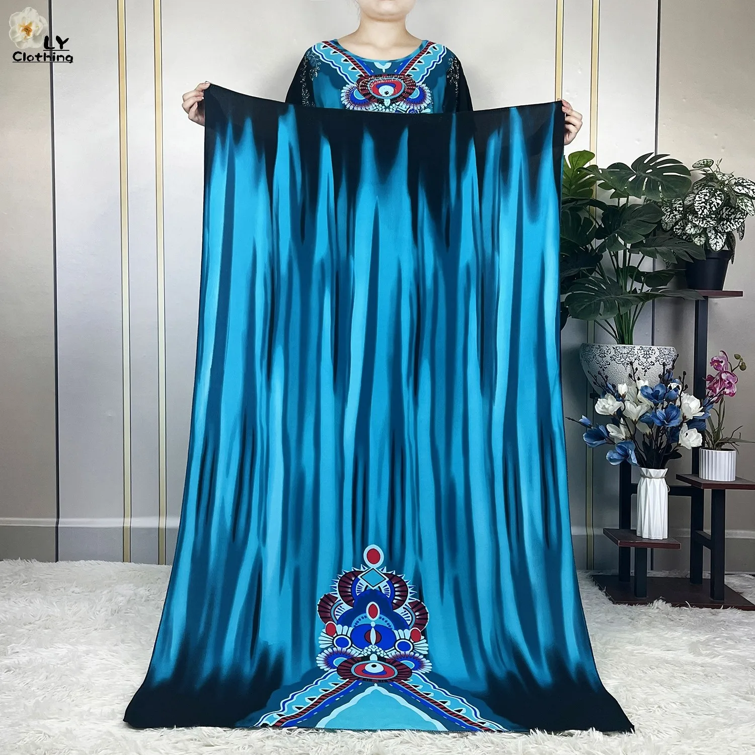 New Muslim Abayas Summer Party Dress Short Sleeve With Big Scarf Printing Floral Loose Cotton Maxi Islam Women African Clothing