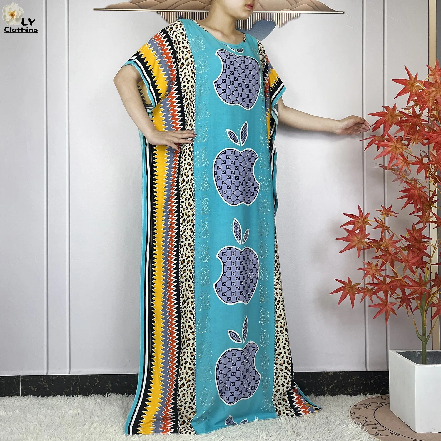 New Muslim Abayas Summer Party Dress Short Sleeve With Big Scarf Printing Floral Loose Cotton Maxi Islam Women African Clothing