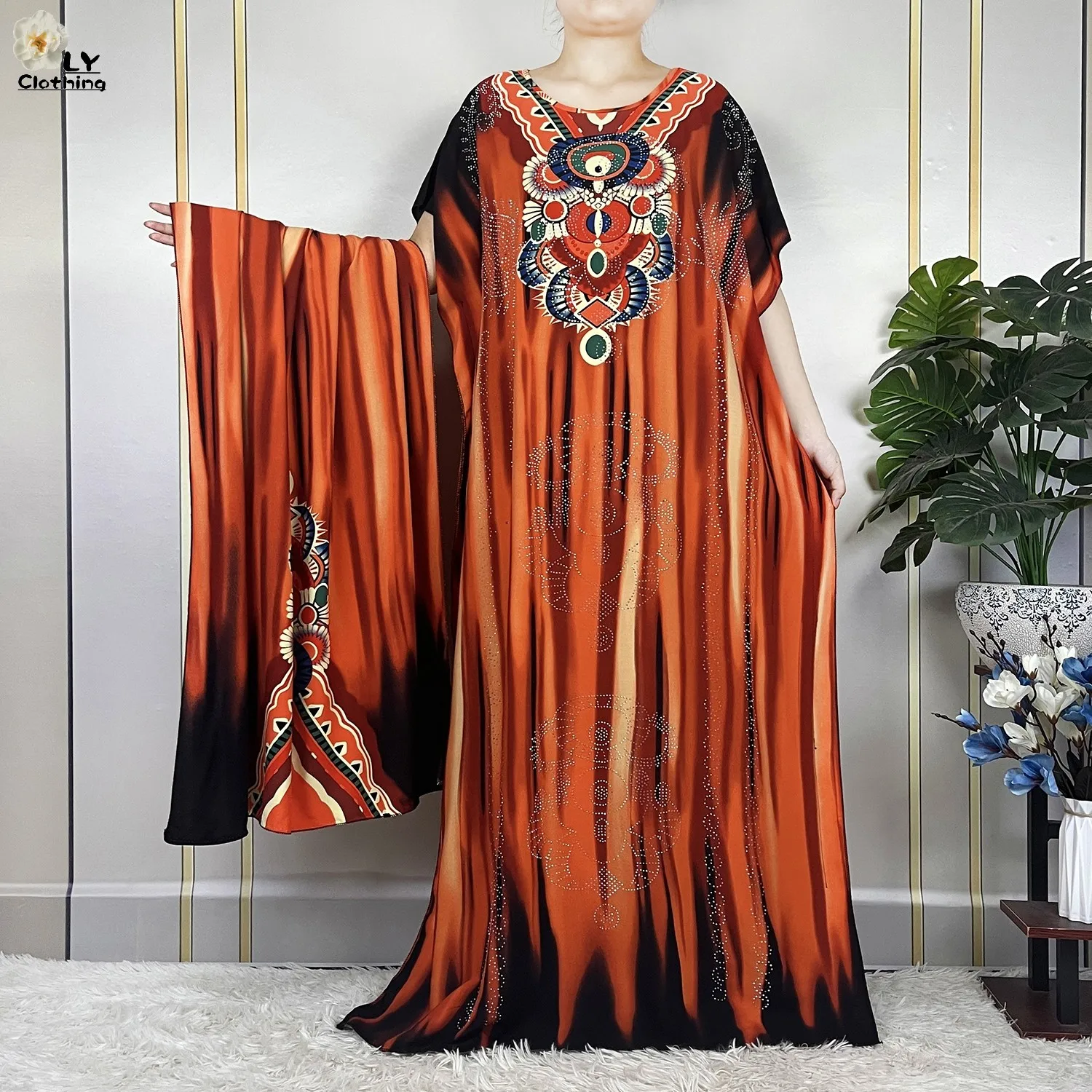New Muslim Abayas Summer Party Dress Short Sleeve With Big Scarf Printing Floral Loose Cotton Maxi Islam Women African Clothing