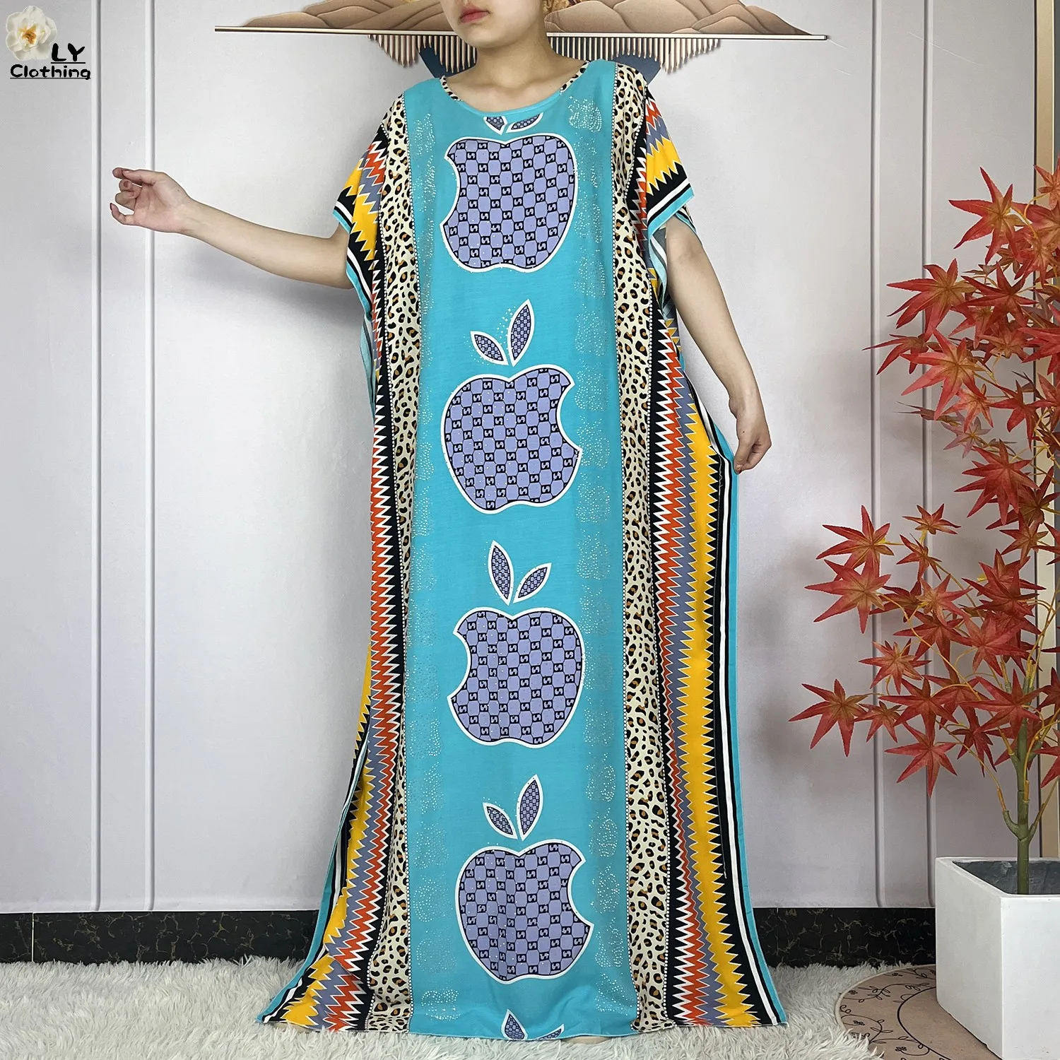 New Muslim Abayas Summer Party Dress Short Sleeve With Big Scarf Printing Floral Loose Cotton Maxi Islam Women African Clothing