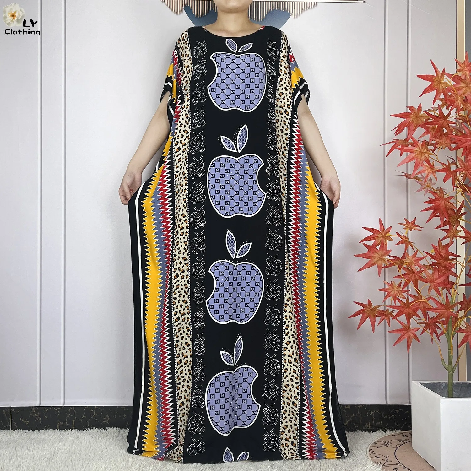 New Muslim Abayas Summer Party Dress Short Sleeve With Big Scarf Printing Floral Loose Cotton Maxi Islam Women African Clothing