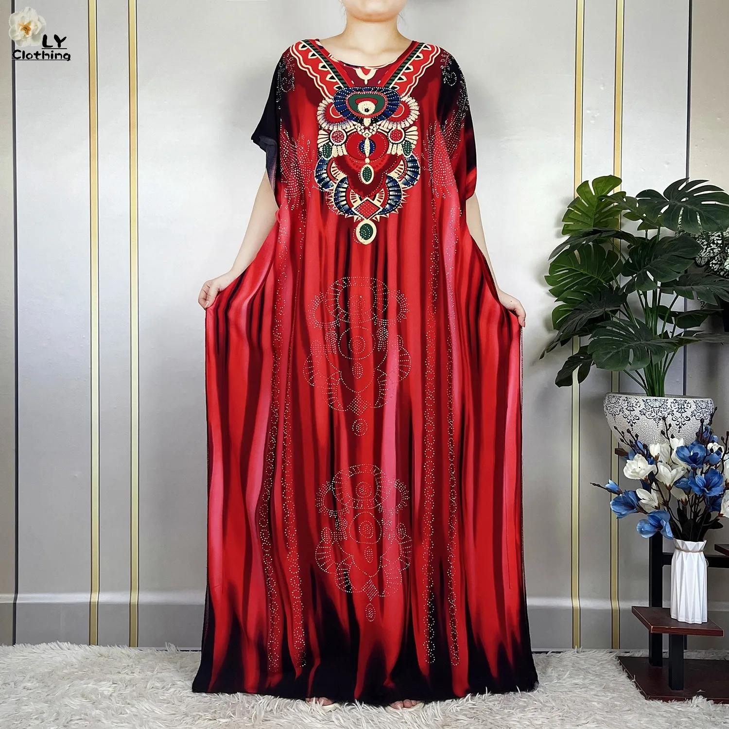 New Muslim Abayas Summer Party Dress Short Sleeve With Big Scarf Printing Floral Loose Cotton Maxi Islam Women African Clothing