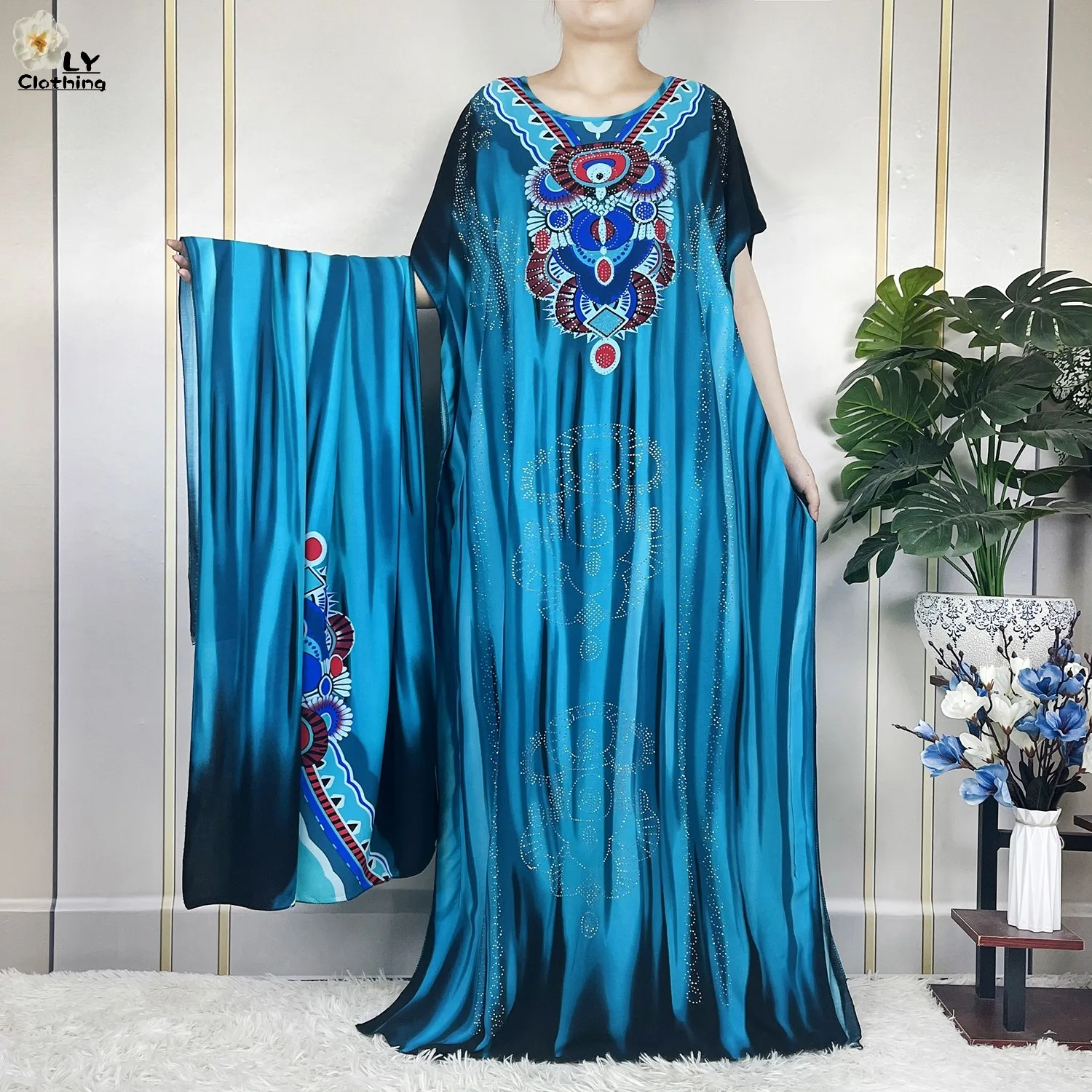 New Muslim Abayas Summer Party Dress Short Sleeve With Big Scarf Printing Floral Loose Cotton Maxi Islam Women African Clothing