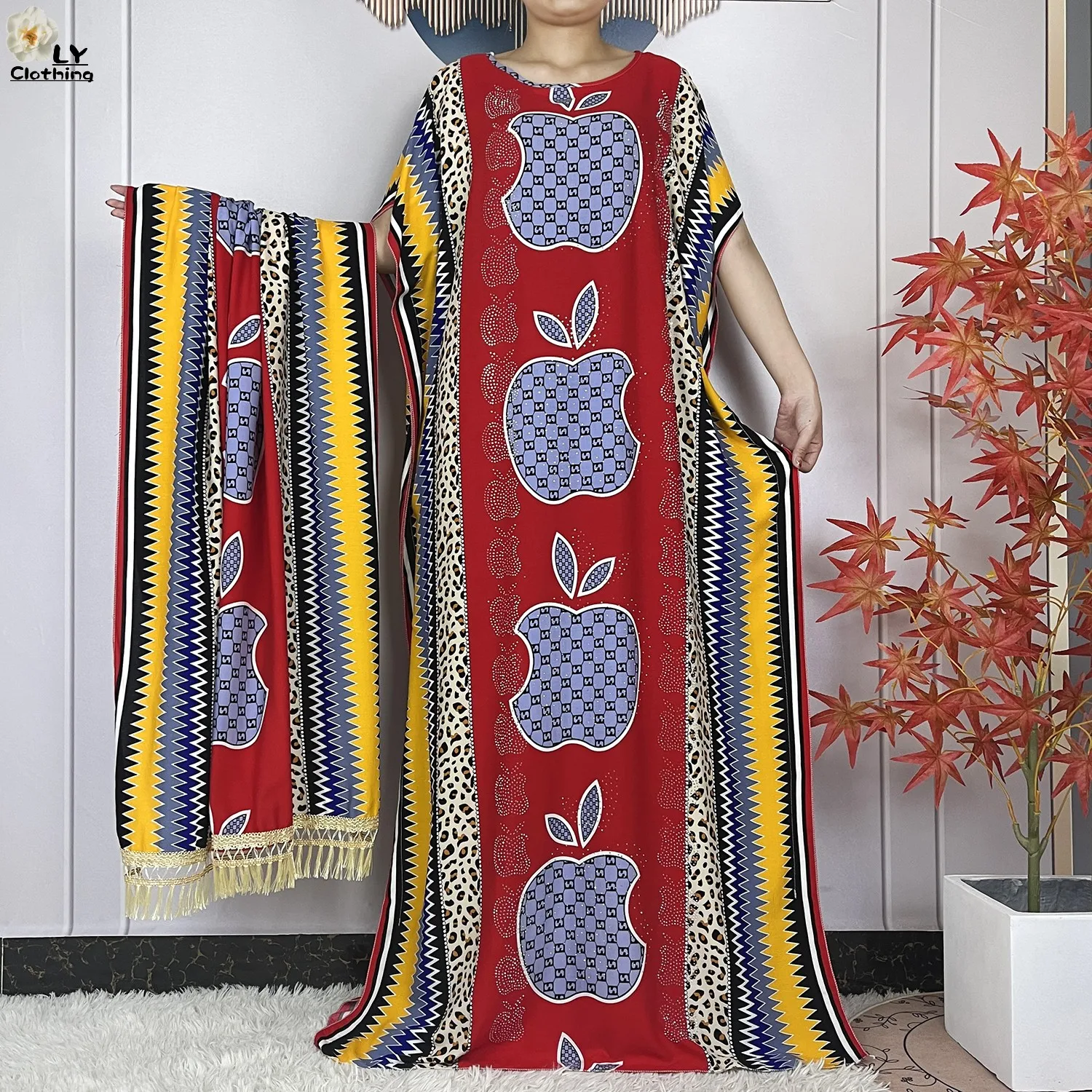 New Muslim Abayas Summer Party Dress Short Sleeve With Big Scarf Printing Floral Loose Cotton Maxi Islam Women African Clothing