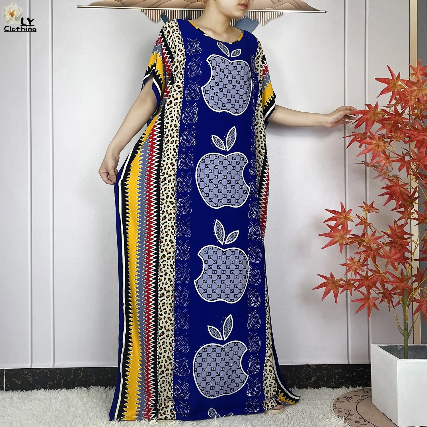 New Muslim Abayas Summer Party Dress Short Sleeve With Big Scarf Printing Floral Loose Cotton Maxi Islam Women African Clothing