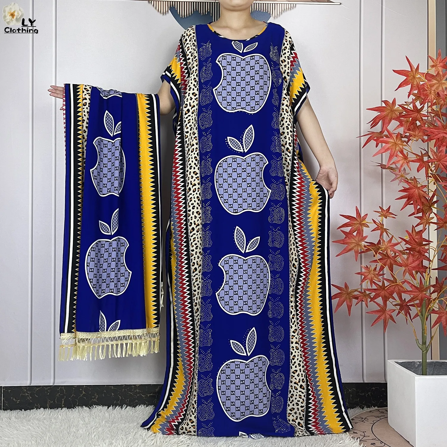 New Muslim Abayas Summer Party Dress Short Sleeve With Big Scarf Printing Floral Loose Cotton Maxi Islam Women African Clothing