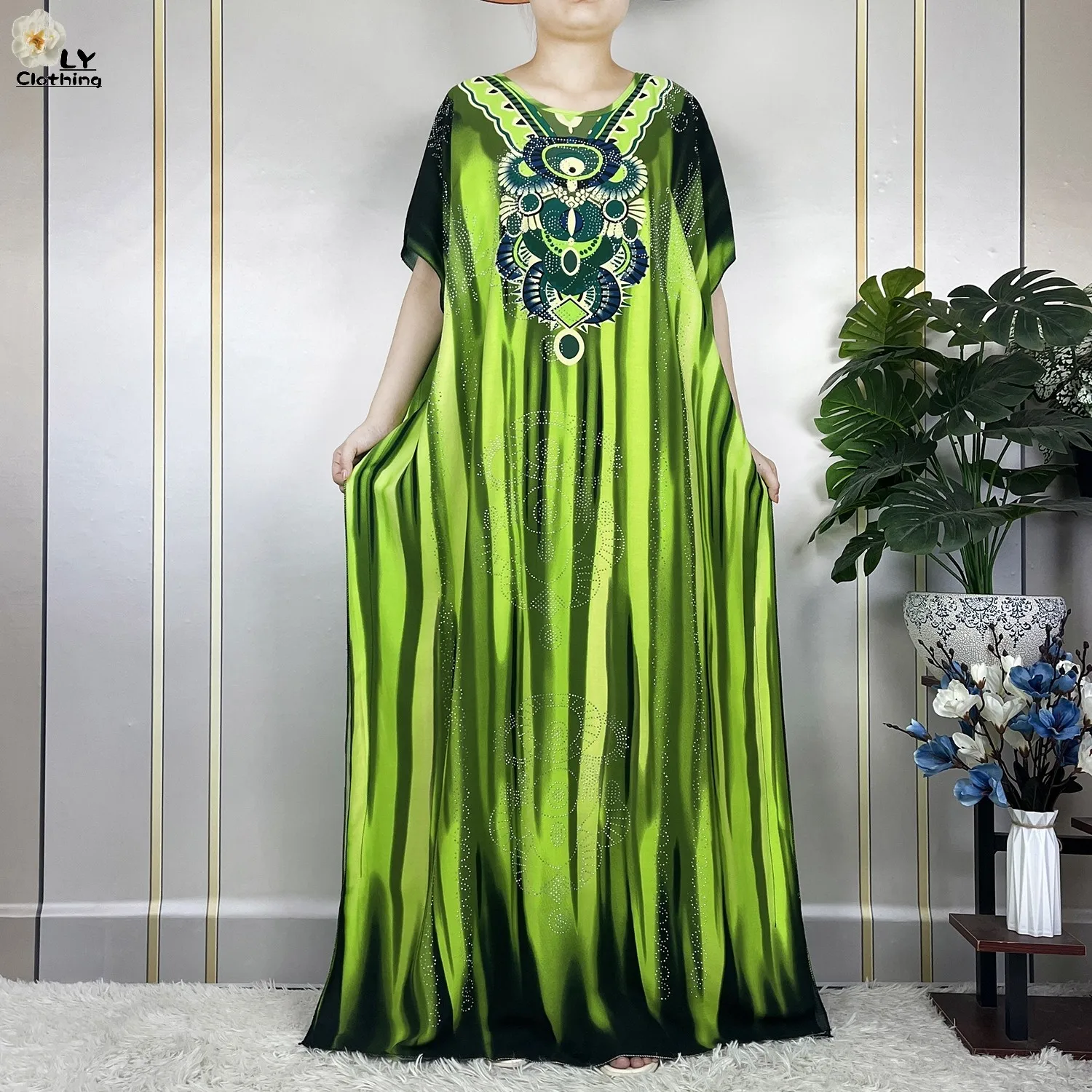 New Muslim Abayas Summer Party Dress Short Sleeve With Big Scarf Printing Floral Loose Cotton Maxi Islam Women African Clothing