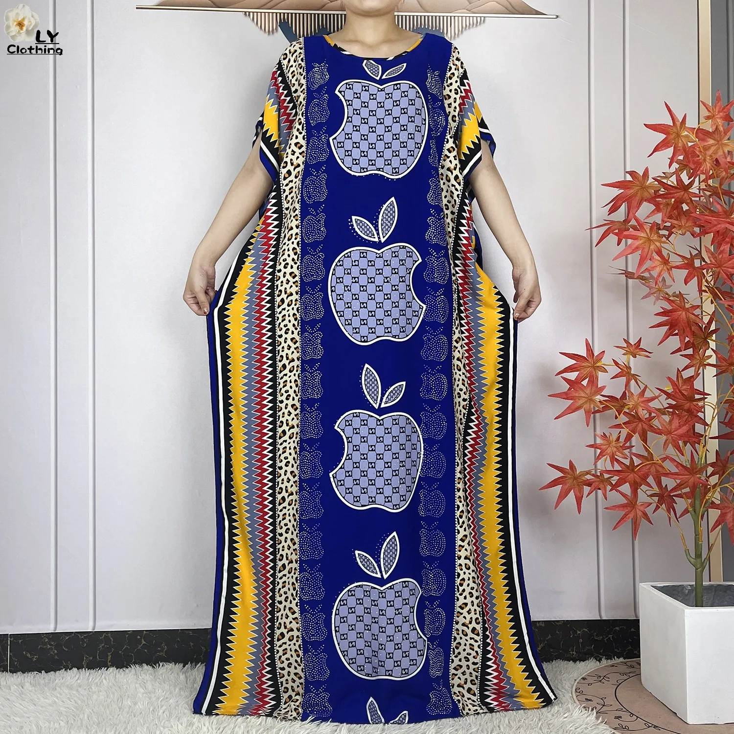 New Muslim Abayas Summer Party Dress Short Sleeve With Big Scarf Printing Floral Loose Cotton Maxi Islam Women African Clothing