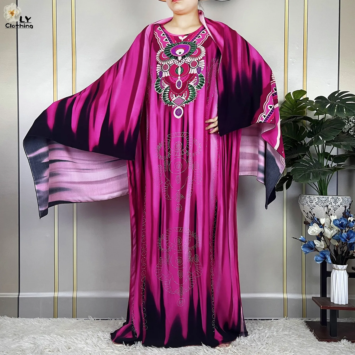 New Muslim Abayas Summer Party Dress Short Sleeve With Big Scarf Printing Floral Loose Cotton Maxi Islam Women African Clothing