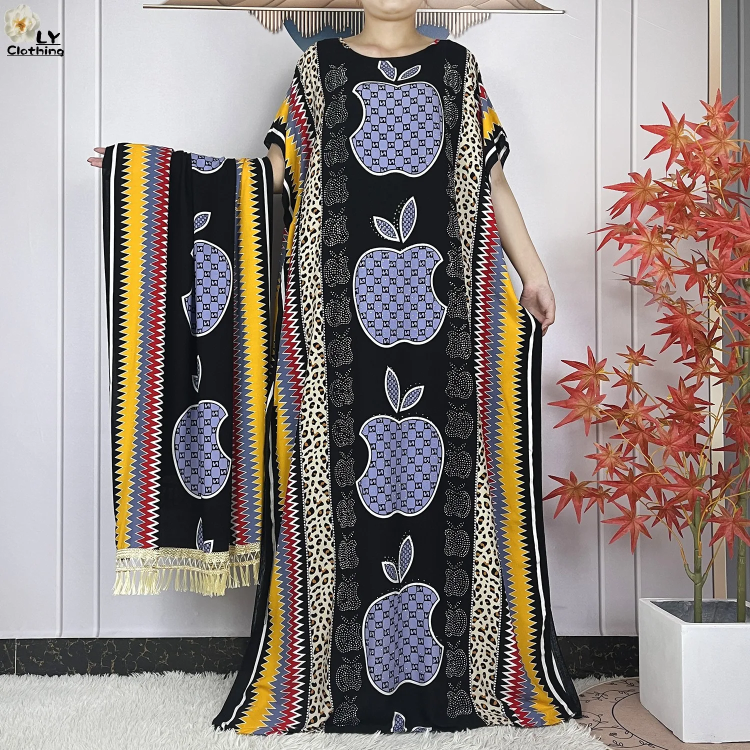 New Muslim Abayas Summer Party Dress Short Sleeve With Big Scarf Printing Floral Loose Cotton Maxi Islam Women African Clothing