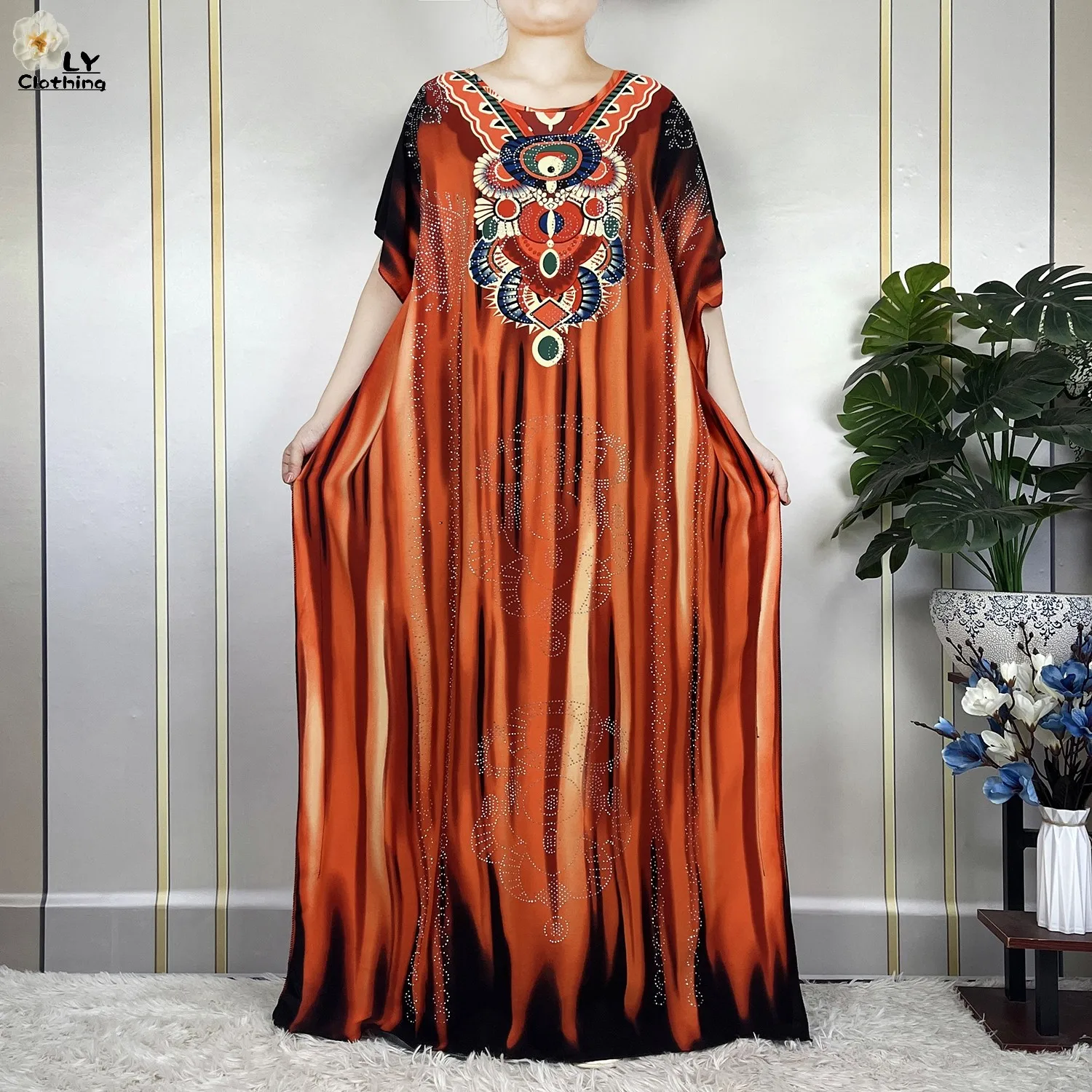 New Muslim Abayas Summer Party Dress Short Sleeve With Big Scarf Printing Floral Loose Cotton Maxi Islam Women African Clothing