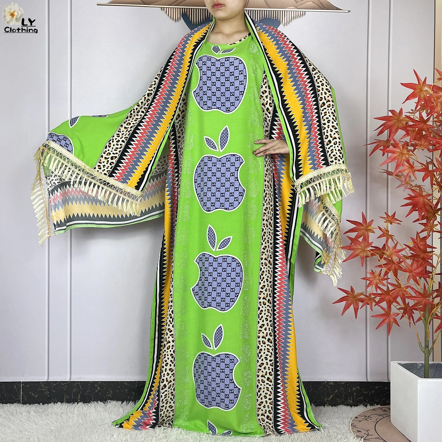 New Muslim Abayas Summer Party Dress Short Sleeve With Big Scarf Printing Floral Loose Cotton Maxi Islam Women African Clothing
