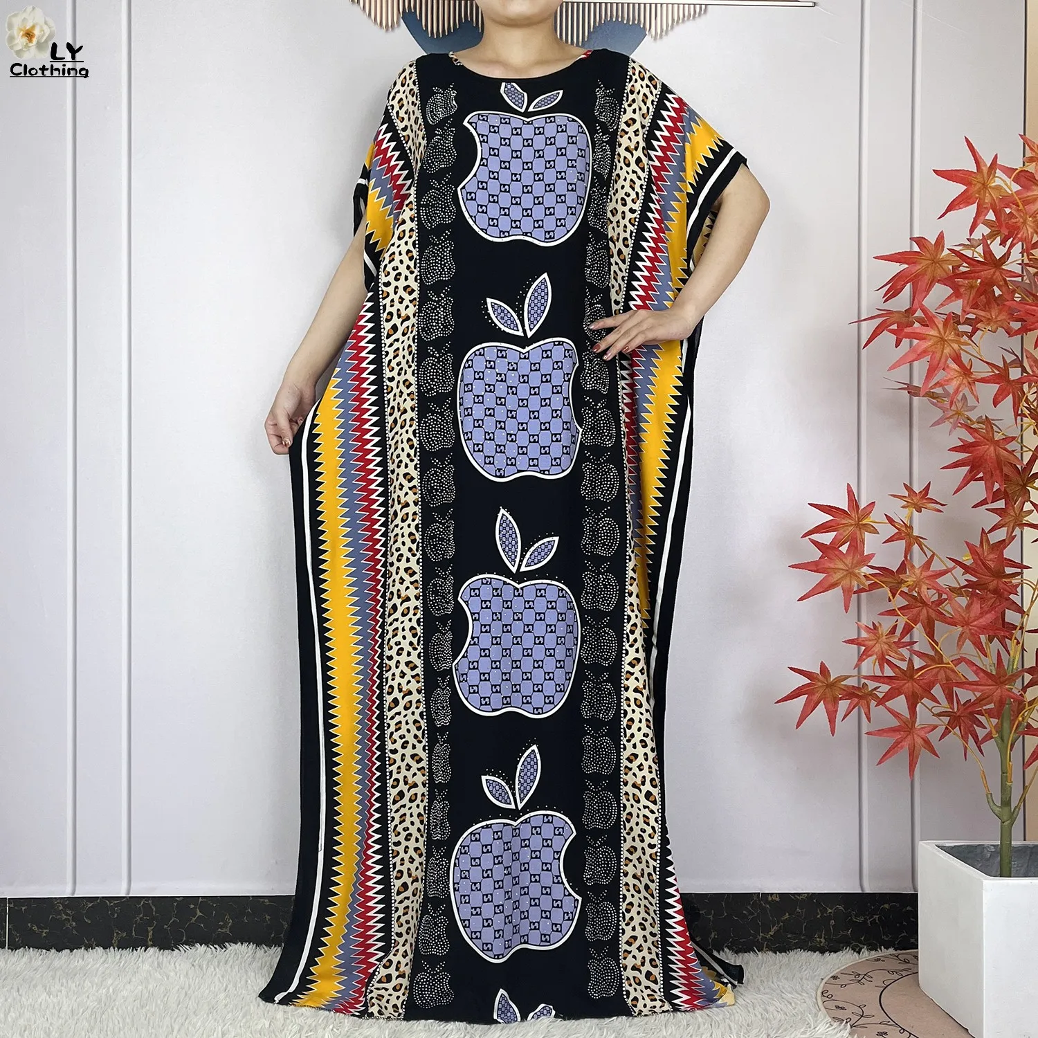 New Muslim Abayas Summer Party Dress Short Sleeve With Big Scarf Printing Floral Loose Cotton Maxi Islam Women African Clothing