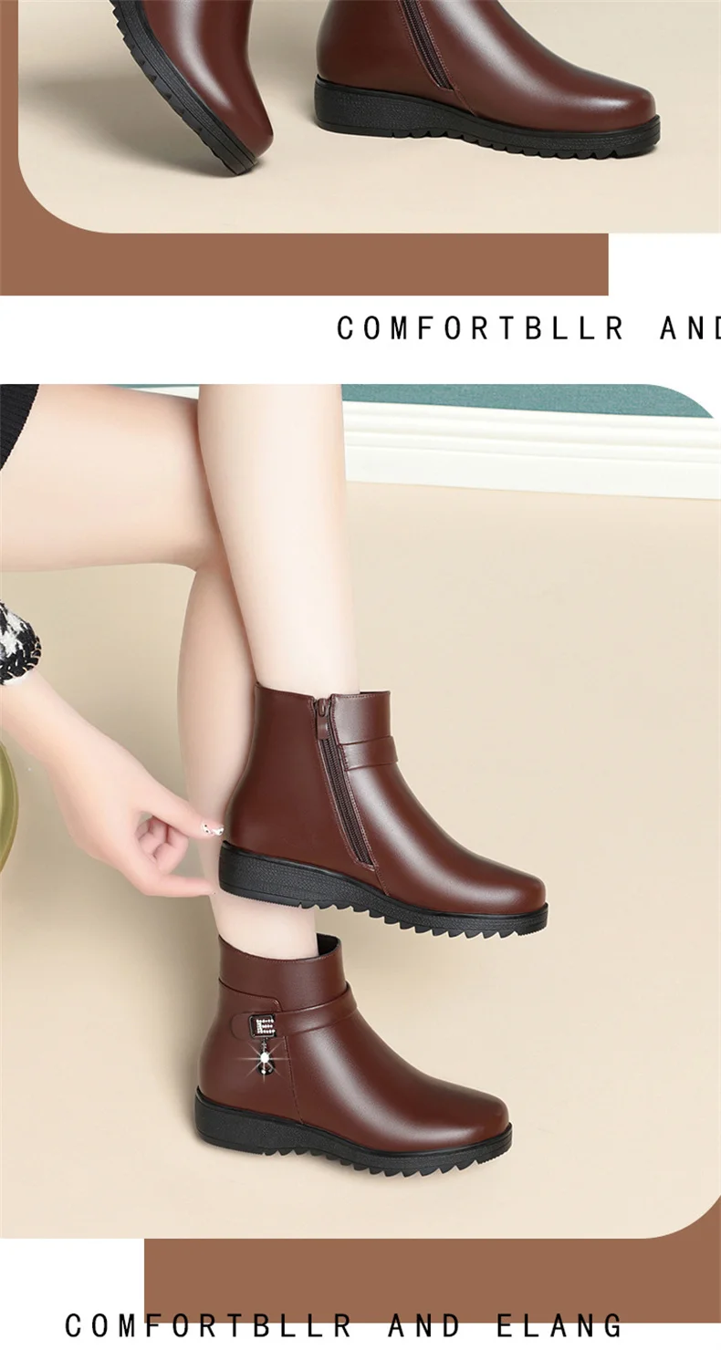 Autumn Winter Mum Warm Cotton Soft Shoes Women Fleece Side Zip Thick Bottom Short Boots Leisure Round Head Flats Boots