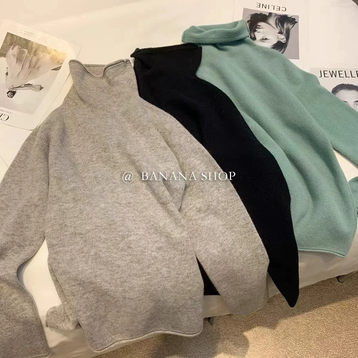 100% pure cashmere sweater women's turtleneck sweater with autumn winter pile pile neck sweater with rolled edge bottom knitwear
