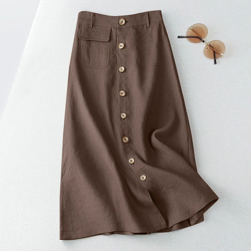 ZANZEA Women Elegant Cotton Skirts 2026 Fashion Autumn High Waist Casual Button A-line Midi Skirts Solid Temperament Faldas 5XL